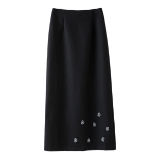 晚白优雅钉珠小花直筒半身裙女2026秋新款高腰开叉中长款包臀半裙