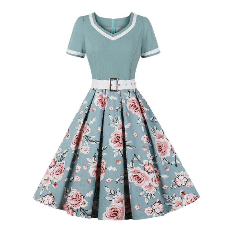 欧美赫本短袖复古波点蓬蓬连衣裙大码胖mm女装夏显瘦表演出服舞蹈