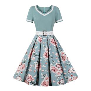 欧美赫本短袖复古波点蓬蓬连衣裙大码胖mm女装夏显瘦表演出服舞蹈