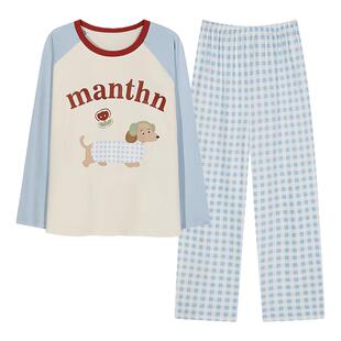 带胸垫一体春秋季睡衣女款2026新款纯棉长袖可爱卡通腊肠狗家居服