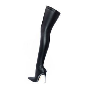 Ftshist乳胶氨哑光pu皮sm大码12cm尖头超高细跟过膝长筒大腿袜靴