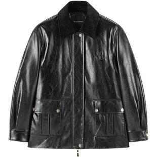 太平鸟油蜡纹PU皮衣夹克外套女冬装黑色时尚皮衣外套女