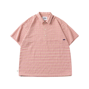 KXLFCHN粉色格子短袖衬衫男女夏季宽松潮牌宽松纽扣半开套头衬衣
