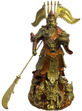 九龙关公纯黄铜武财神铜像摆件