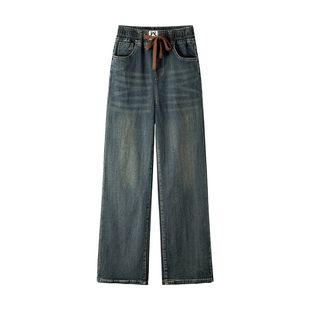 秋冬季加绒牛仔裤女窄版阔腿裤2025新款小个子松紧腰加厚直筒裤子