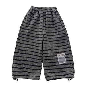 儿童加绒男童条纹毛呢裤宝宝一体绒直筒裤女小童冬季休闲长裤