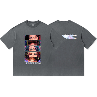 韩女团LeSserafim粉丝应援周边眼神重磅纯棉T恤半袖杉情侣男女款