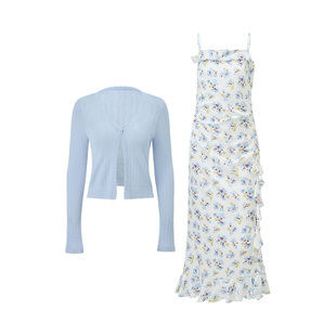 MAXRIENY碎花连衣裙外套两件套2026年春季新款蓝屿花影时尚套装