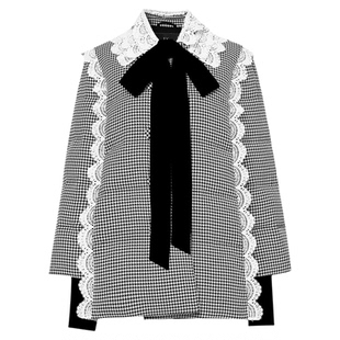 2025冬季新款通勤双层花边翻领灯笼袖A字千鸟格粗花呢羽绒服外套