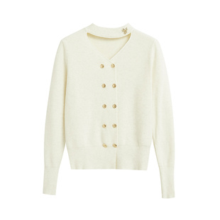 SANI奥莱冬新款毛衣针织衫小香风亮片丝重工金属双排扣V领上衣女