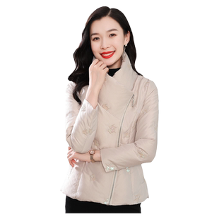 米白色立领羽绒服女短款2025冬新款时尚修身90白鸭绒防风保暖外套