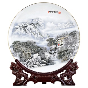 瑞雪丰年雪景山水画瓷盘摆件景德镇陶瓷家居装饰中国风外宾礼品瓷