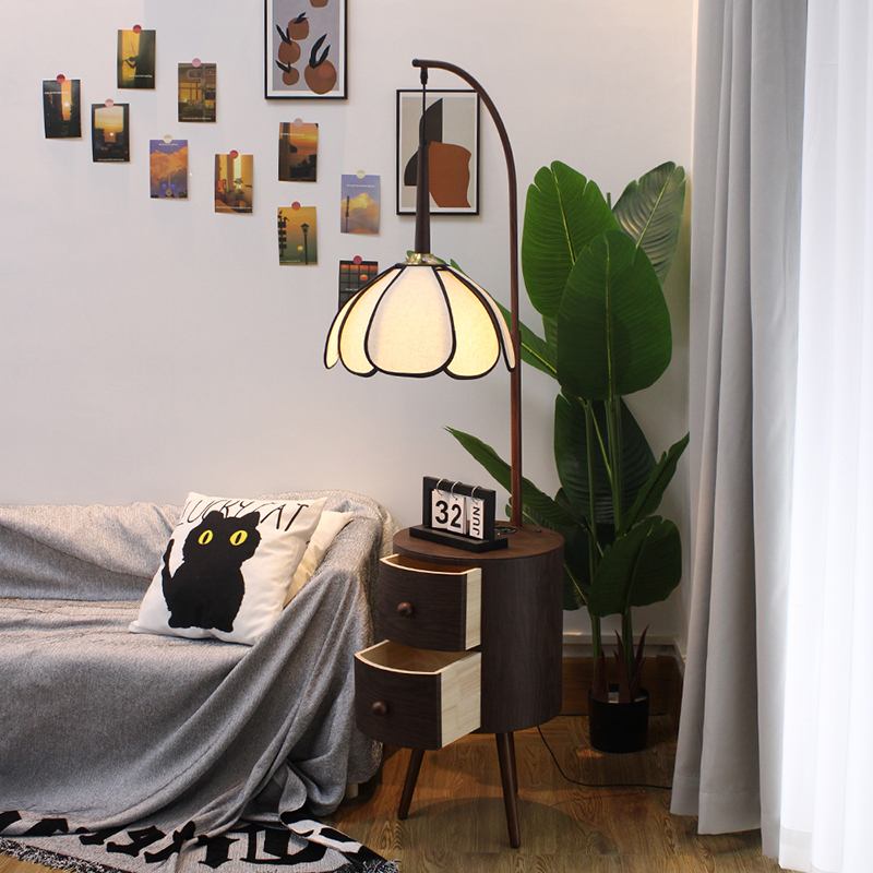 中古风落地灯卧室客厅沙发旁复古法式台灯胡桃木床头柜一体置物架