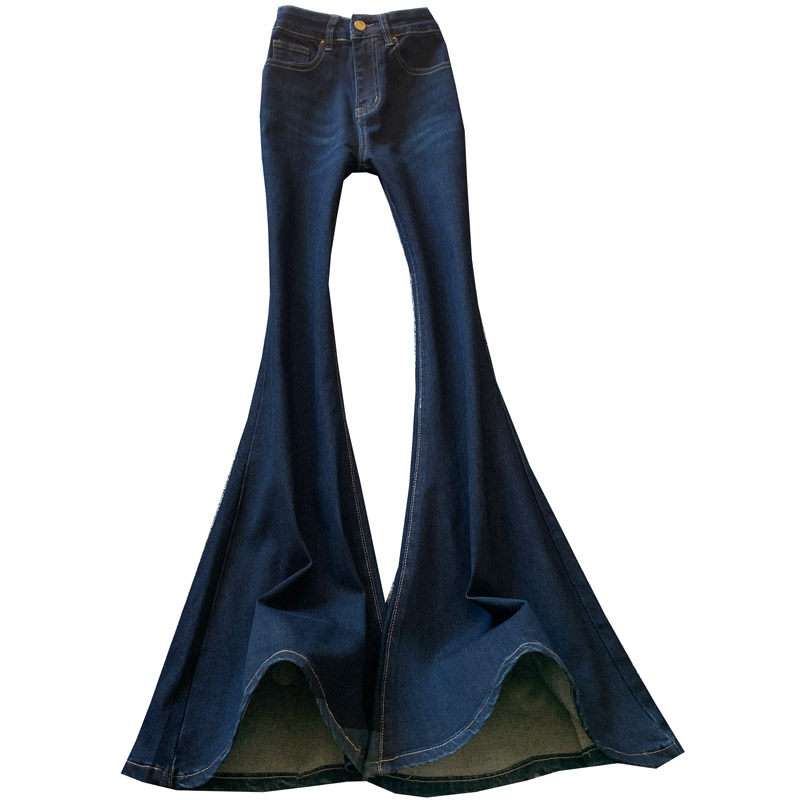 深蓝色超大喇叭牛仔裤女秋冬高腰修身弹力高个子显瘦鱼尾拖地长裤