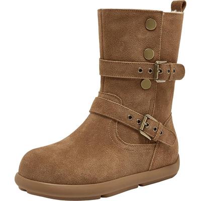 百思图2025冬季新款复古真皮加绒牛仔西部靴堆堆靴女短靴BP811DZ5