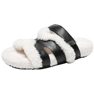 EBLAN/伊伴卷毛二舅拖鞋女外穿2025秋冬新款魔术贴厚底一字毛毛鞋