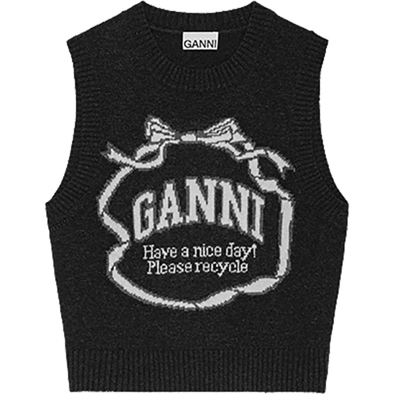 【甄选折扣】GANNI女装 LOGO款秋叠穿上衣黑色针织马甲 K2461252