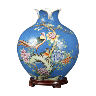 景德镇陶瓷器高端粉彩仿古花瓶手绘花鸟石榴瓶客厅办公室装饰摆件