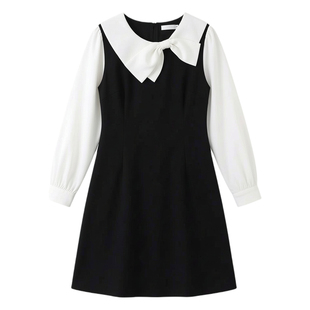 绮娑大码连衣裙2026春装新款娃娃领收腰显瘦胖MM长袖假两件A字裙