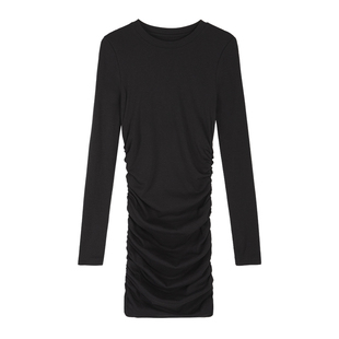 ousph小黑色长袖针织连衣裙女圆领包臀秋款修身气质法式收腰短款