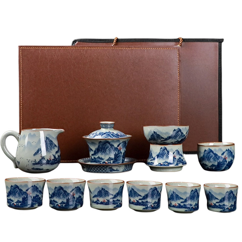 老陶泥手工青花山水功夫茶具套装