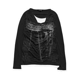 y2k轻亚比长袖T恤女早春季创意印花假两件荡领打底衫黑色休闲上衣