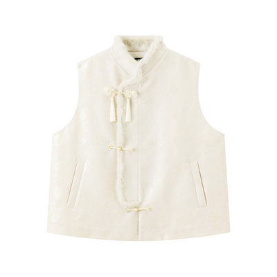 超级文 半空烟雨中式传统提花水貂毛拼接羽绒马甲外套女微胖大码