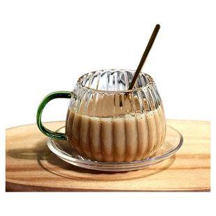 森系圆肚玻璃咖啡杯耐热防爆高硼硅水杯女花茶杯透明手柄马克杯子