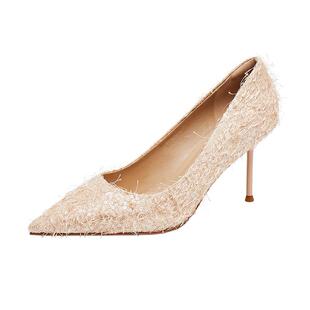 【下拉领券】明星同款真美诗雪绒花优雅羽毛尖头8cm高跟鞋婚鞋女