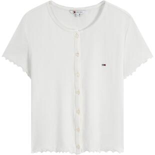 【坑条肌理】Tommy26春夏女木耳边弹力罗纹修身正肩短袖针织开衫