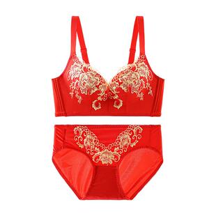 浪莎红色本命年内衣女小胸聚拢美背文胸属马年结婚新娘内裤套装DT