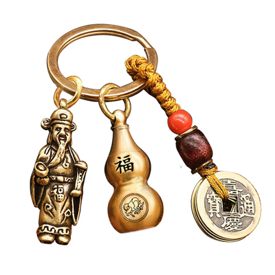 创意纯铜葫芦钥匙挂件财神爷招财五帝钱复古民族风手工挂饰礼物