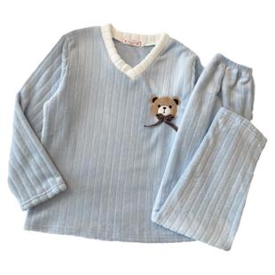 加厚保暖法兰绒睡衣女秋冬季大码200斤胖mm甜美可爱V领家居服套装