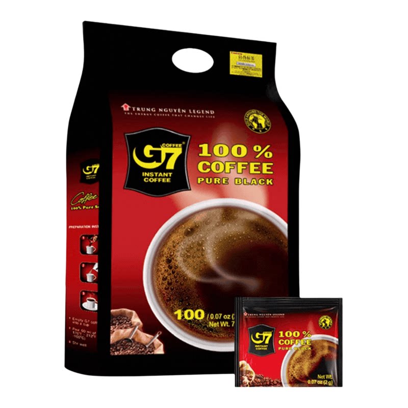 G7 COFFEE纯黑咖啡粉2克*100包速溶美式咖啡200g醇黑无糖萃取斋啡