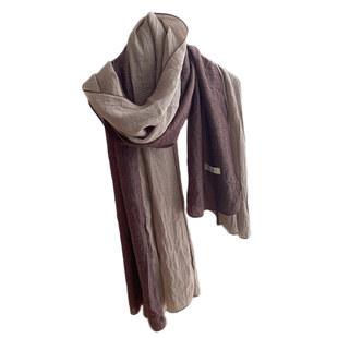 复古文艺春秋长款拼接棉麻围巾女秋季旅游透气披肩双色拼安静紫咖