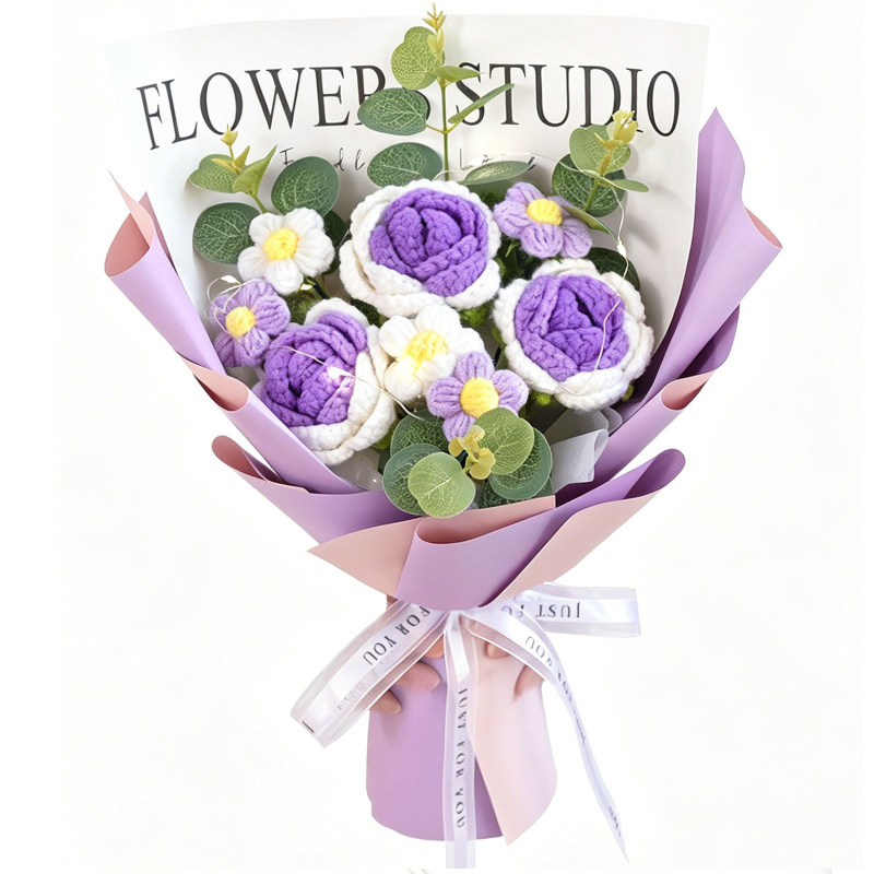 教师节七夕毛线玫瑰泡芙花束针编织成品送闺蜜女老师朋友生日礼物