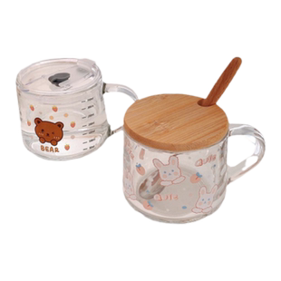 早餐碗ins透明水杯女玻璃碗牛奶咖啡量杯学生可爱印花刻度碗盖勺