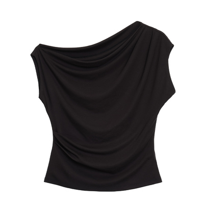 NEVA HU 小众视觉 韩系斜领褶皱短袖T恤女设计感气质收腰露肩上衣