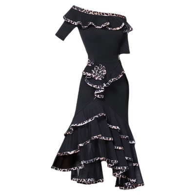 IAMYC摩登舞服女成练习服一字领豹纹花边套装表演服B10135+B20096