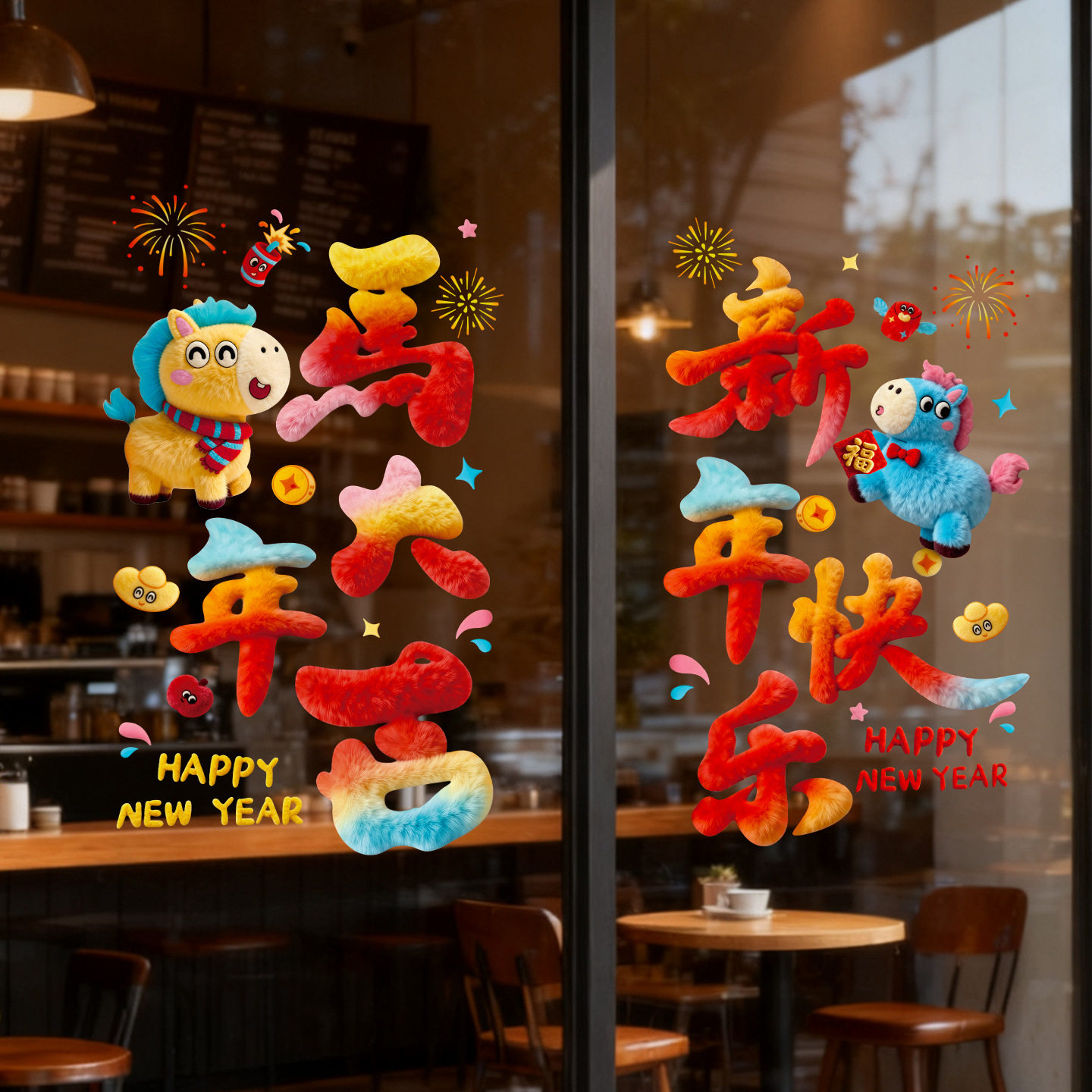 2026马年卡通毛绒静电贴玻璃贴新年5D窗花窗贴新春场景氛围装饰品