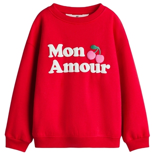 HM童装儿童女童卫衣2026春季新款红色内里拉绒印花卫衣1322995