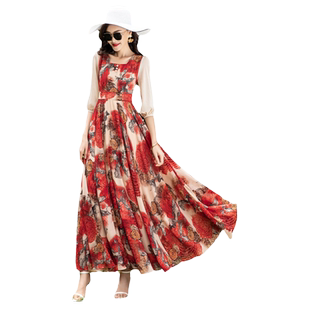 夏季新款连衣裙女方领灯笼袖到脚踝大摆长裙收腰显瘦仙女裙沙滩裙