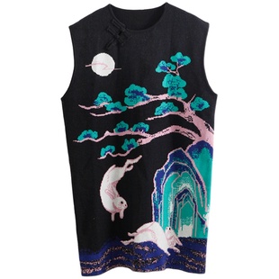 有耳uare原创设计师 月下兔 新中式国风针织背心马甲毛衣裙中长款