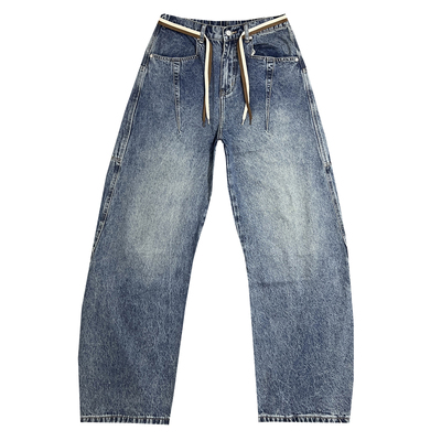 美式休闲抽绳牛仔裤男款复古水洗做旧蓝色直筒宽松阔腿弯刀长裤子