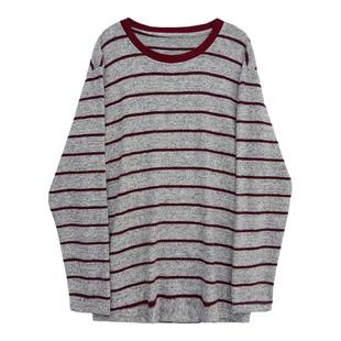 低饱和度红色条纹T恤~软糯毛绒打底衫女秋冬百搭慵懒风遮肉上衣