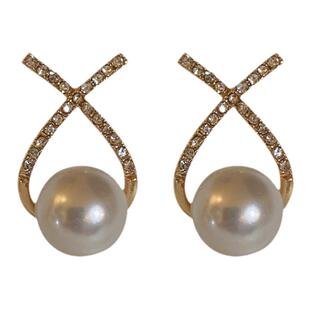 银针字母镶钻珍珠耳钉韩国简约小巧气质甜美耳环网红百搭耳饰