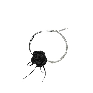 山茶花朵珍珠项链高级黑色立体玫瑰choker设计法式气质锁骨链配饰