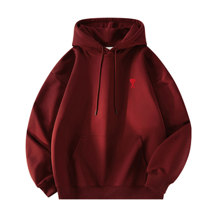 Ami iepo官方酒红色连帽卫衣男女情侣秋冬季美式重磅宽松百搭上衣