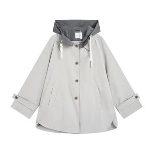 紫涵直筒宽松连帽灰色风衣女秋季新款简约通勤休闲撞色一手长外套