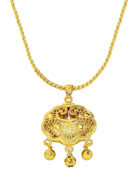 沙金镂空镀金福字项链儿童大人如意锁古法传承铃铛平安长命锁